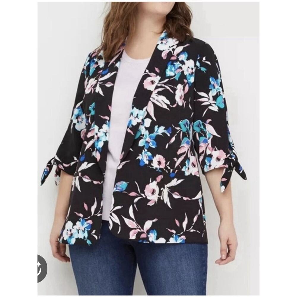 Lane Bryant Women's Plus Size 14/16 Black Floral Print 3/4 Sleeves Blazer Jacket